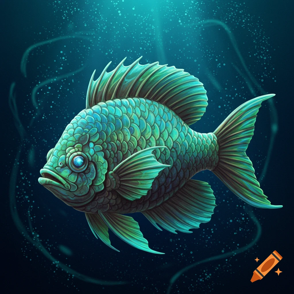 A stylized green and blue fish swims in deep blue water with light rays.