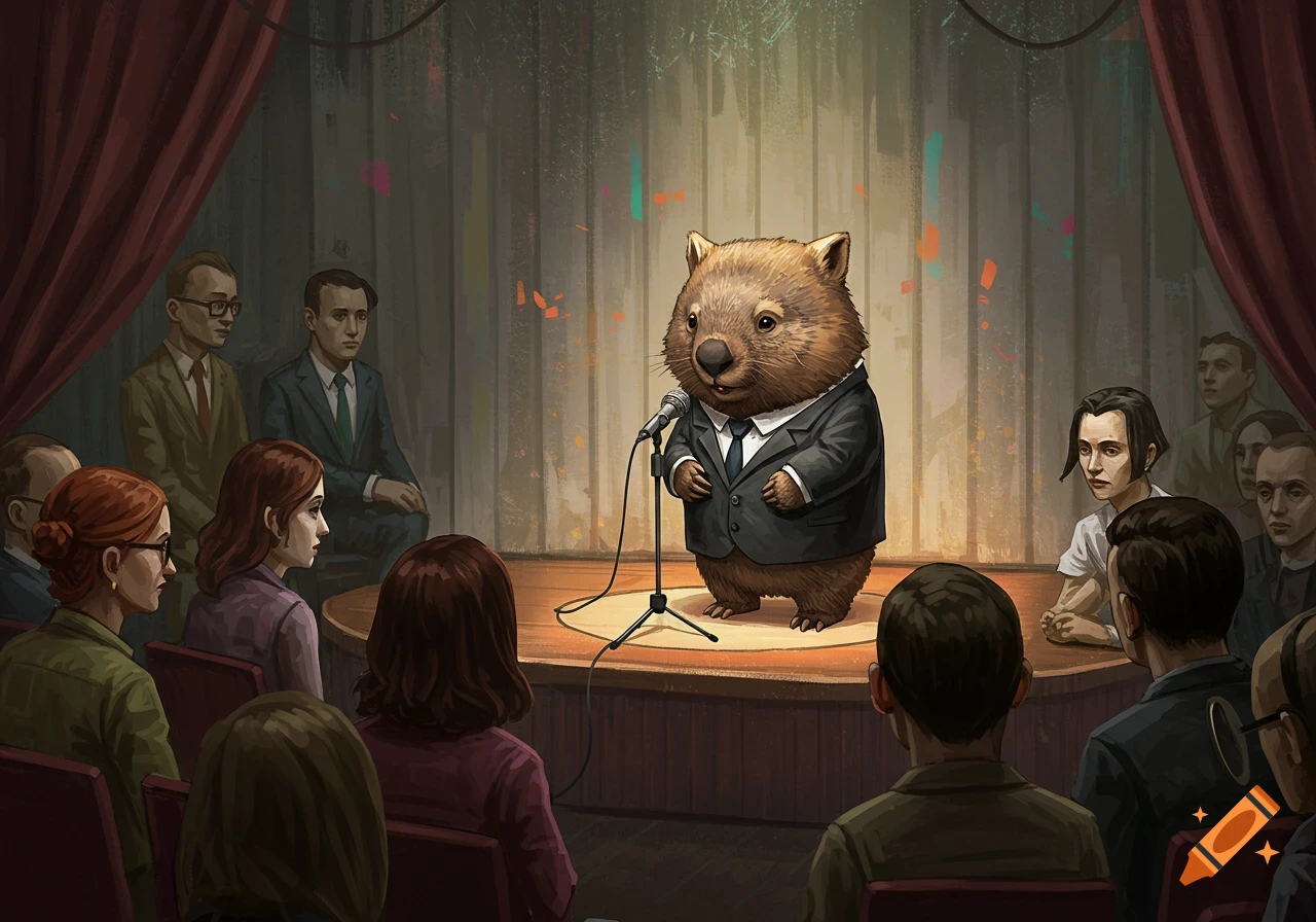 A wombat in a suit speaks at a microphone on stage to a human audience.
