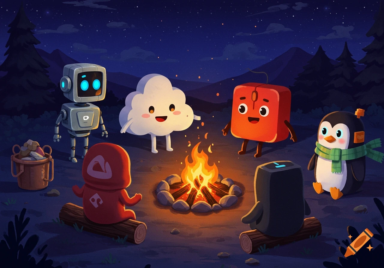 Cute cartoon tech mascots, including a robot, cloud, mouse, and penguin, sit around a campfire at night in a forest.