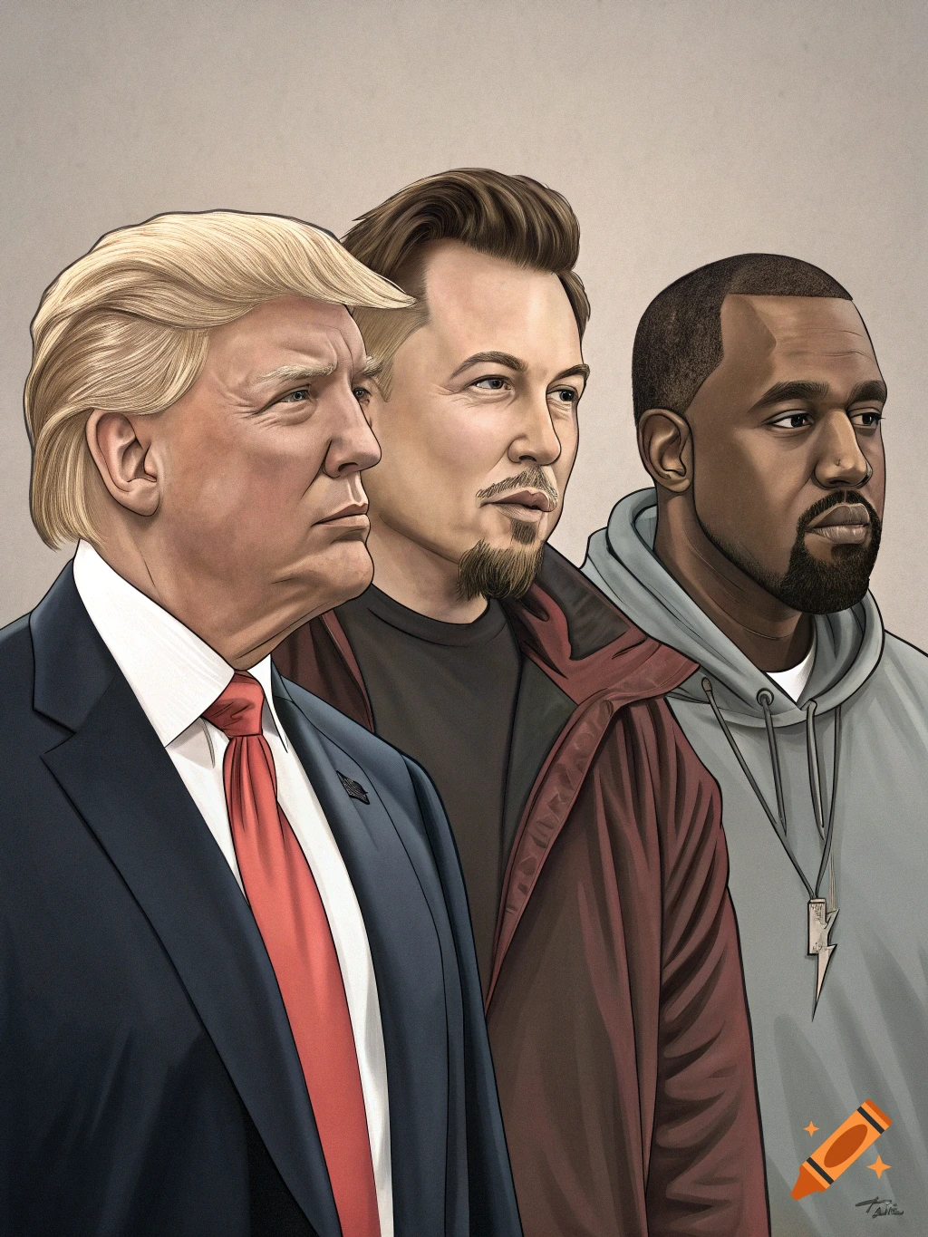 Illustration of Donald Trump, Elon Musk, and Kanye West