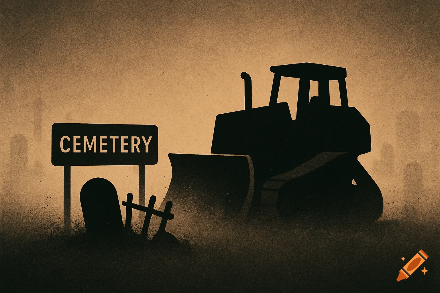 Minimalist illustration of a bulldozer next to a cemetery sign and gravestones.