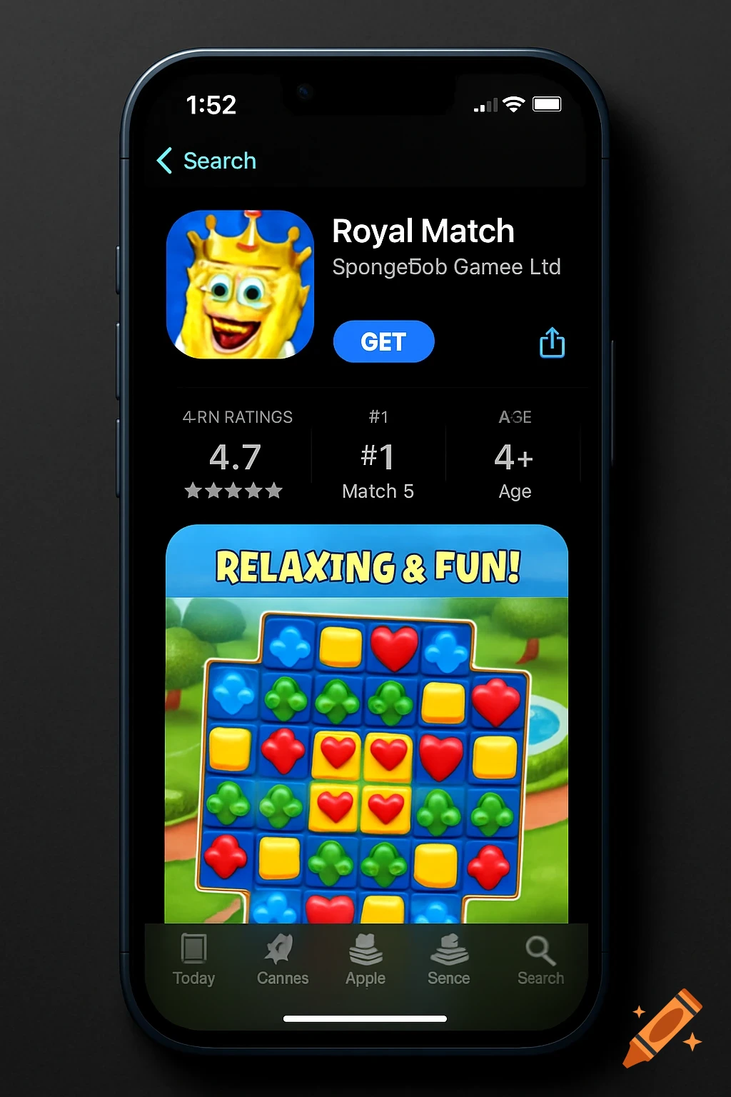 Smartphone screen displaying an app store page for a game called Royal Match, featuring Spongebob.