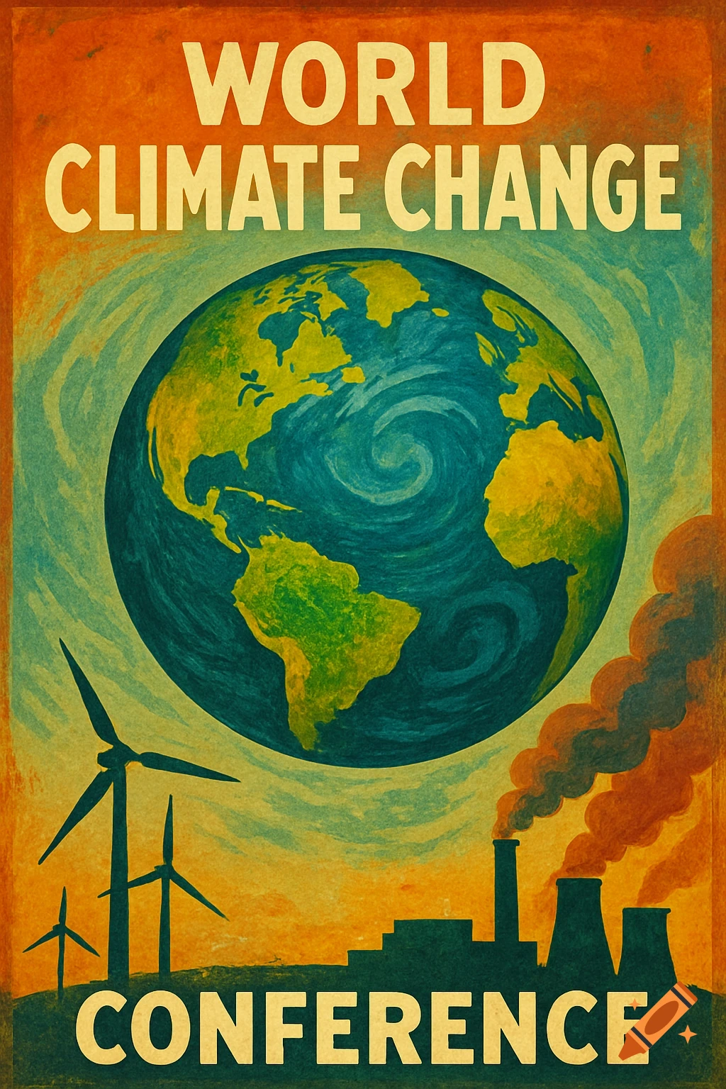 Vintage style poster for the world climate change conference showing Earth, wind turbines and smokestacks.