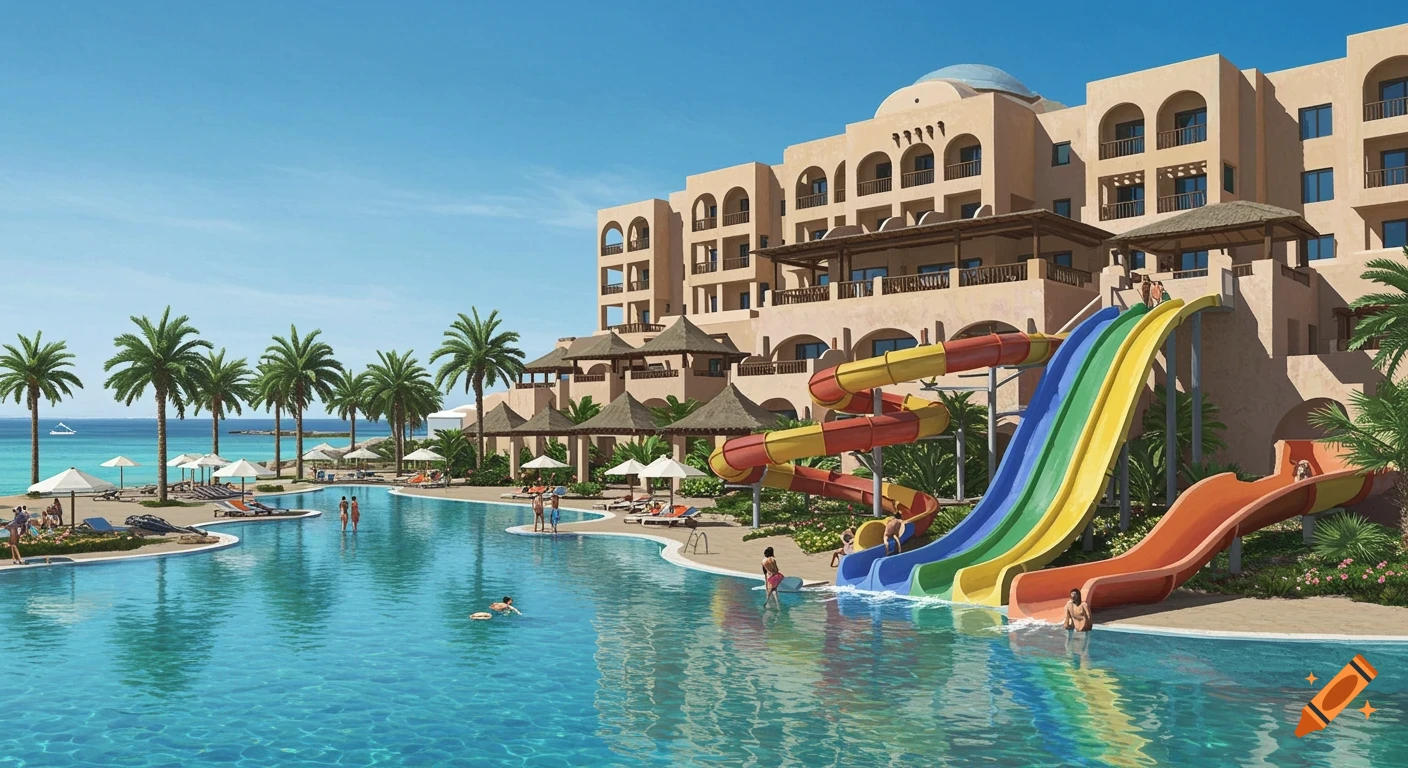 A large resort building with a pool, water slides, beach umbrellas, and people on a sunny day by the sea.