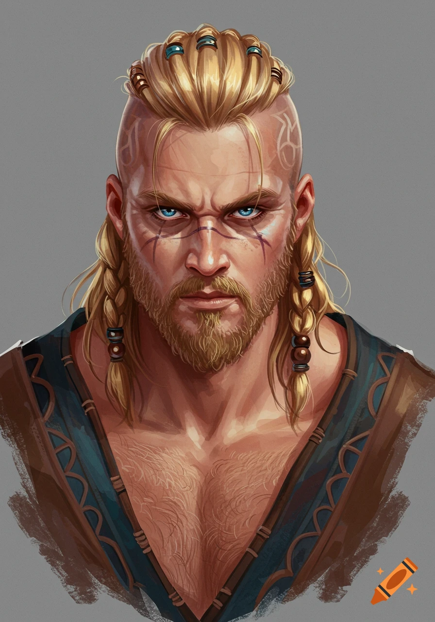 Portrait illustration of a handsome young Viking man with blond braided hair, blue eyes, beard, and chest hair.