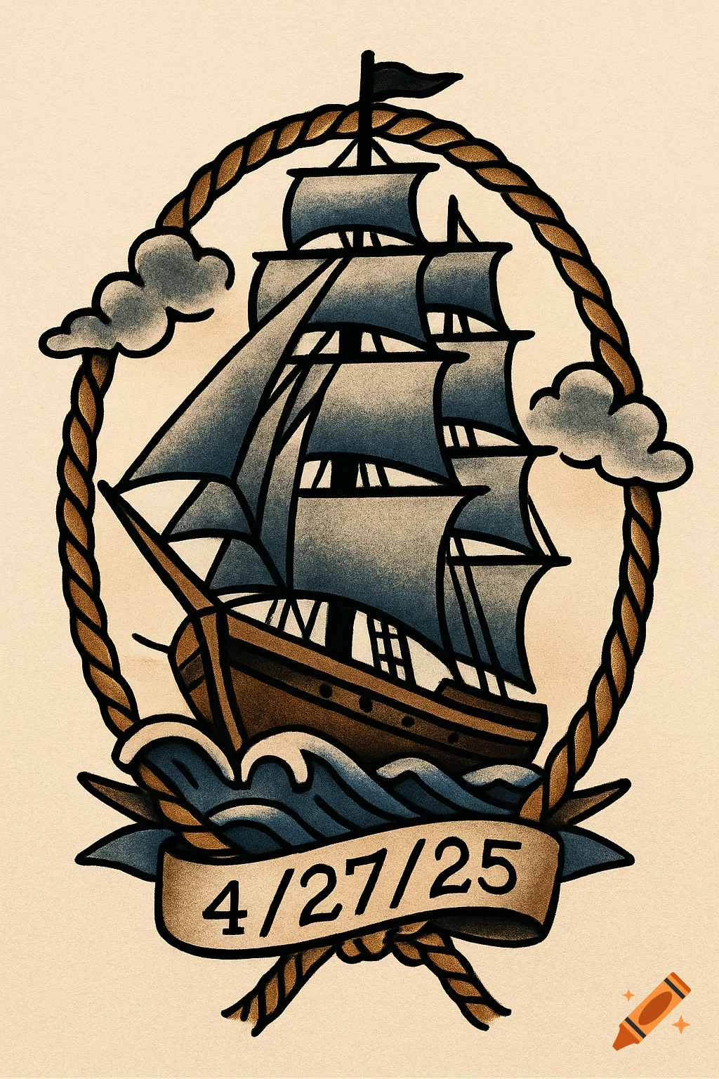 American traditional tattoo style drawing of a sailing ship on waves, inside a rope circle, with a banner reading 4/27/25.