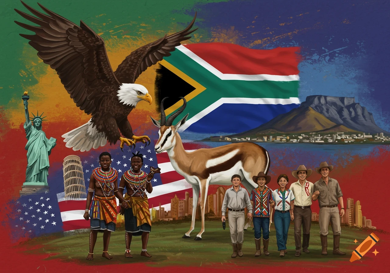 Illustration combining US and South African cultural symbols like flags, landmarks, people, eagle, and springbok.