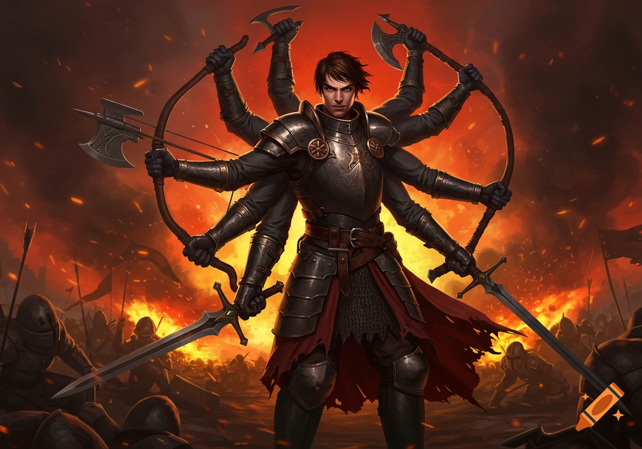 A soldier with eight arms in dark armor stands wielding various weapons in a fiery battle.