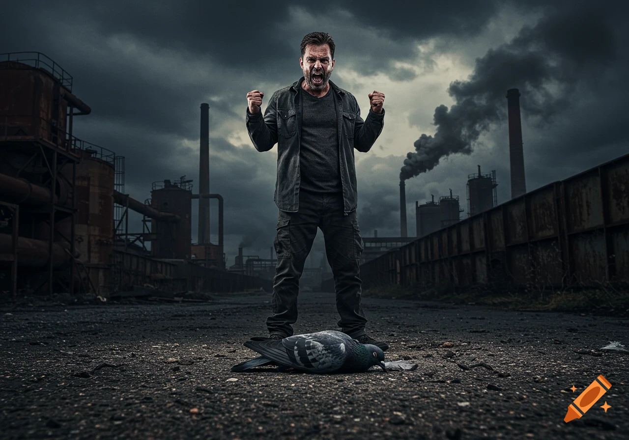 Man stands triumphantly over dead pigeon in abandoned industrial site under dark sky.