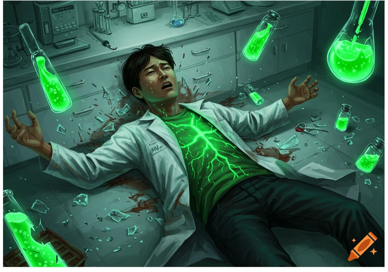 A scientist lies on the floor of a lab, glowing green with energy, surrounded by shattered glass and spilled liquid.