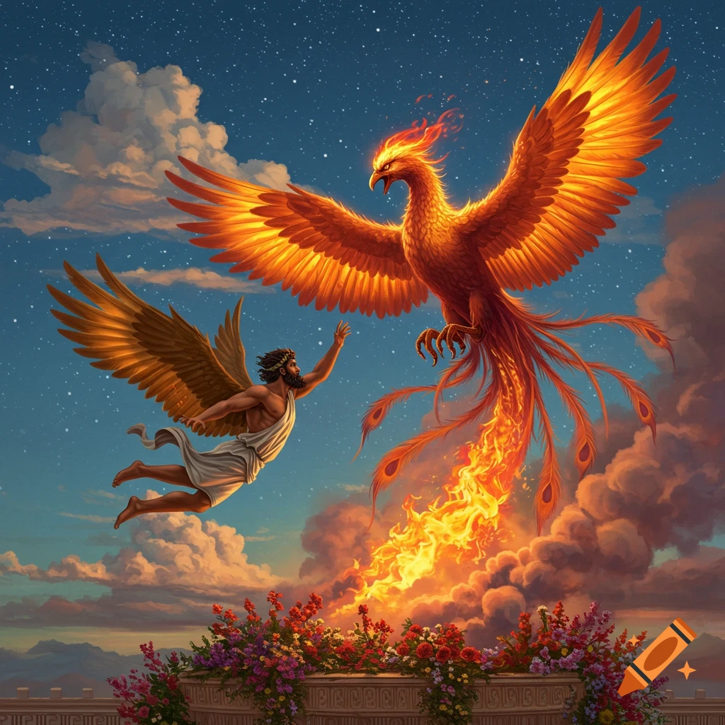 Winged man reaches towards a fiery phoenix in flight above a balcony with flowers, under a starry sky