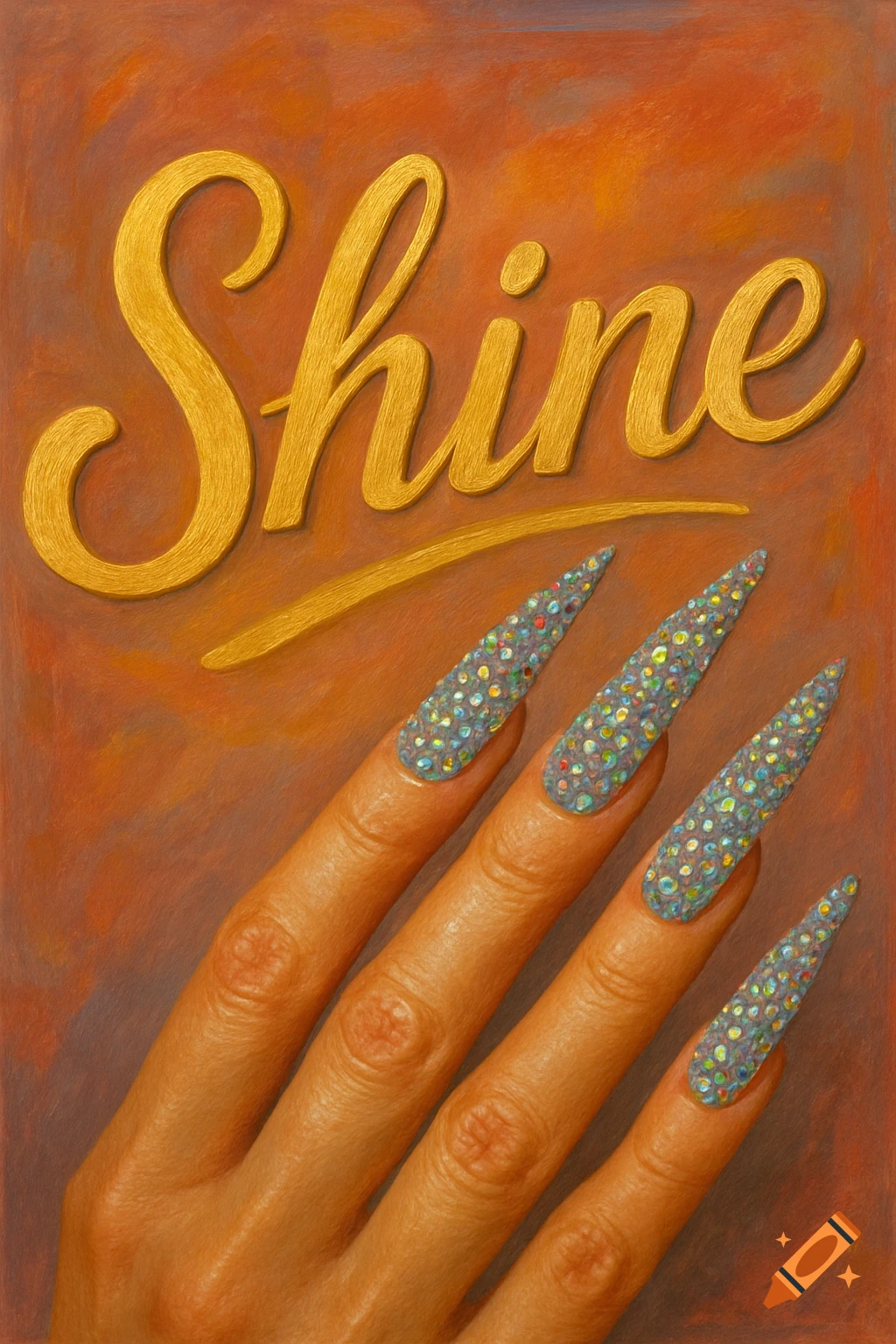 Illustration of a hand with long sparkly fingernails below the word 'Shine' in gold cursive script.