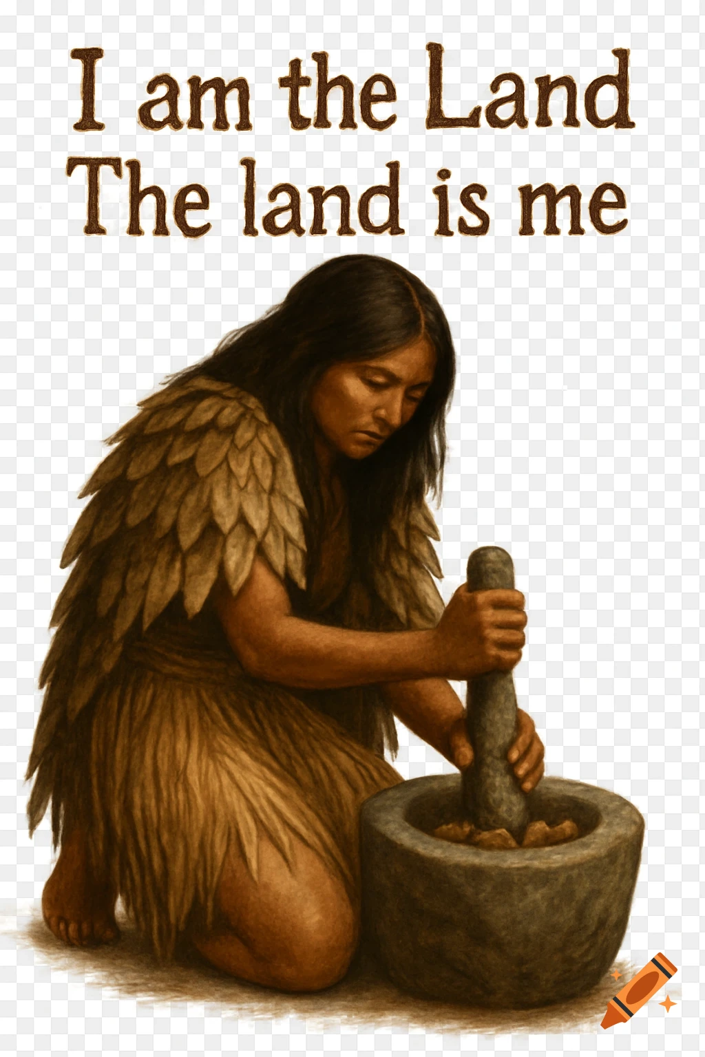 Illustration of a Native American woman grinding in a mortar. Text reads 'I am the Land The land is me'.