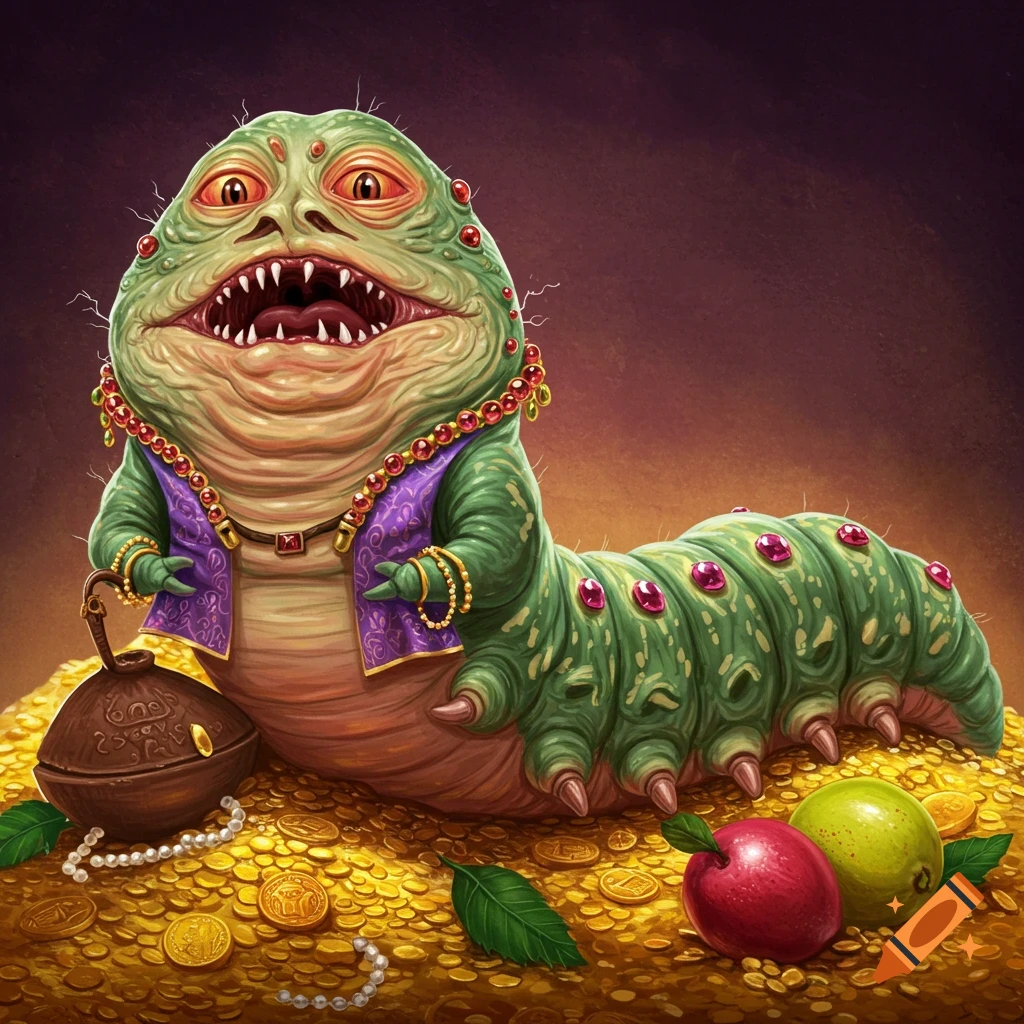 A grotesque green caterpillar creature resembling Jabba the Hutt, wearing jewels and a purple coat, sits on a pile of gold coins.