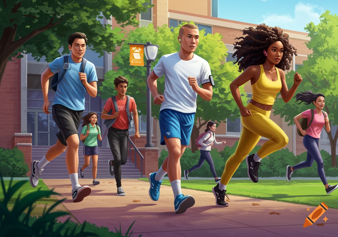 Students of various ethnicities running on a college campus path in an illustration.