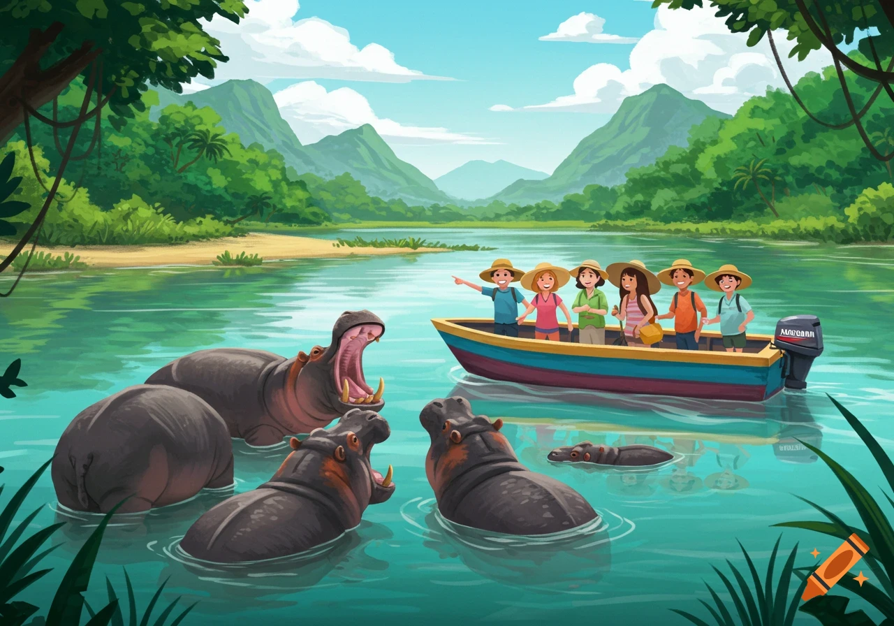 Illustrated scene of tourists in a boat observing hippos in a jungle river.