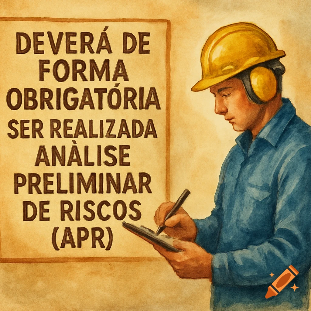 Watercolor illustration of a worker in a hard hat and ear protection writing on a tablet next to a safety sign.