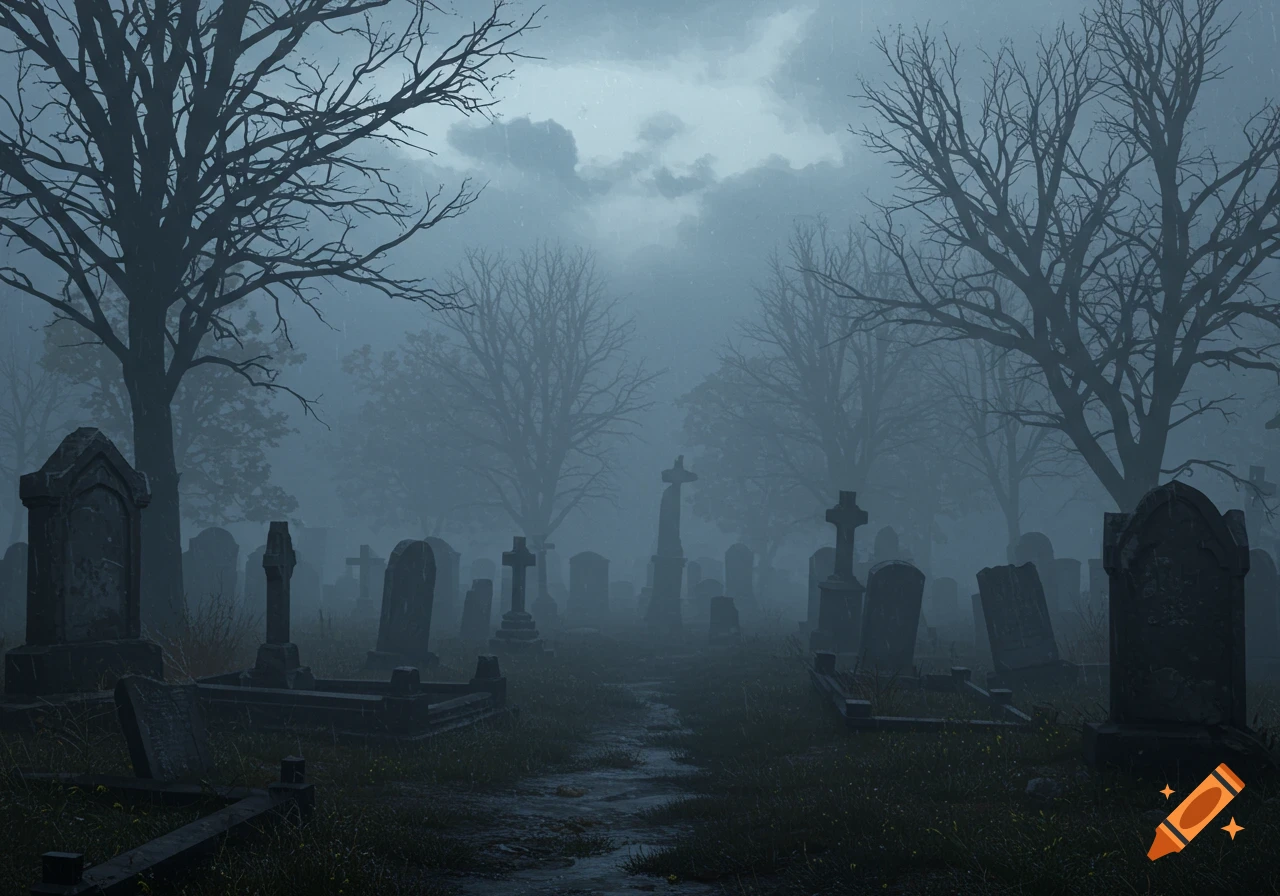 A foggy graveyard scene with tombstones and bare trees under a dark sky.