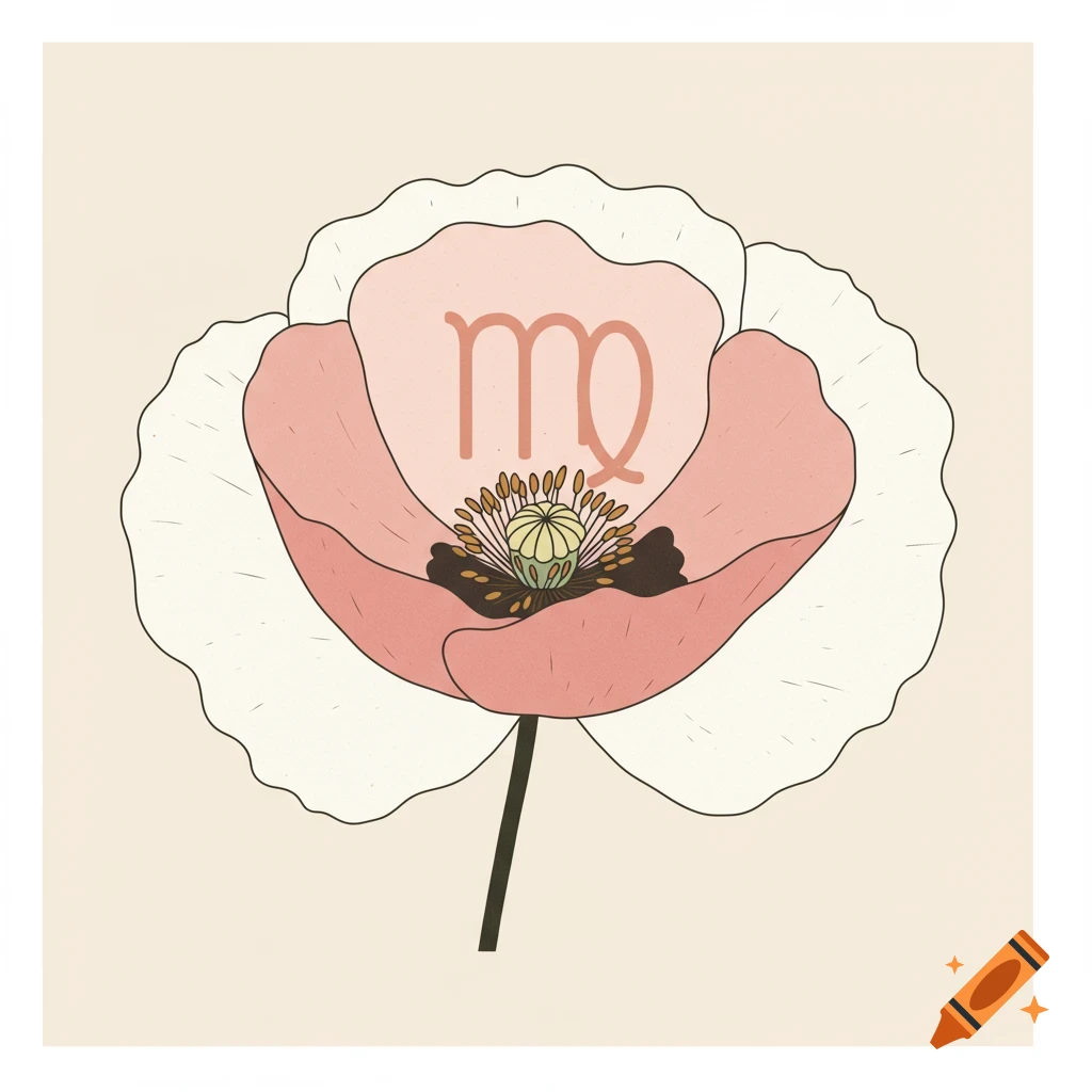 A minimal midcentury modern illustration of a poppy flower with the Virgo symbol inside.