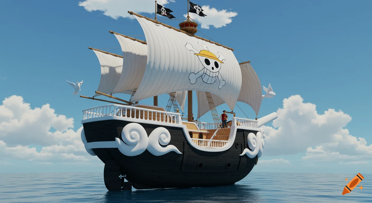 A cartoon pirate ship with a skull and crossbones sail on the ocean.