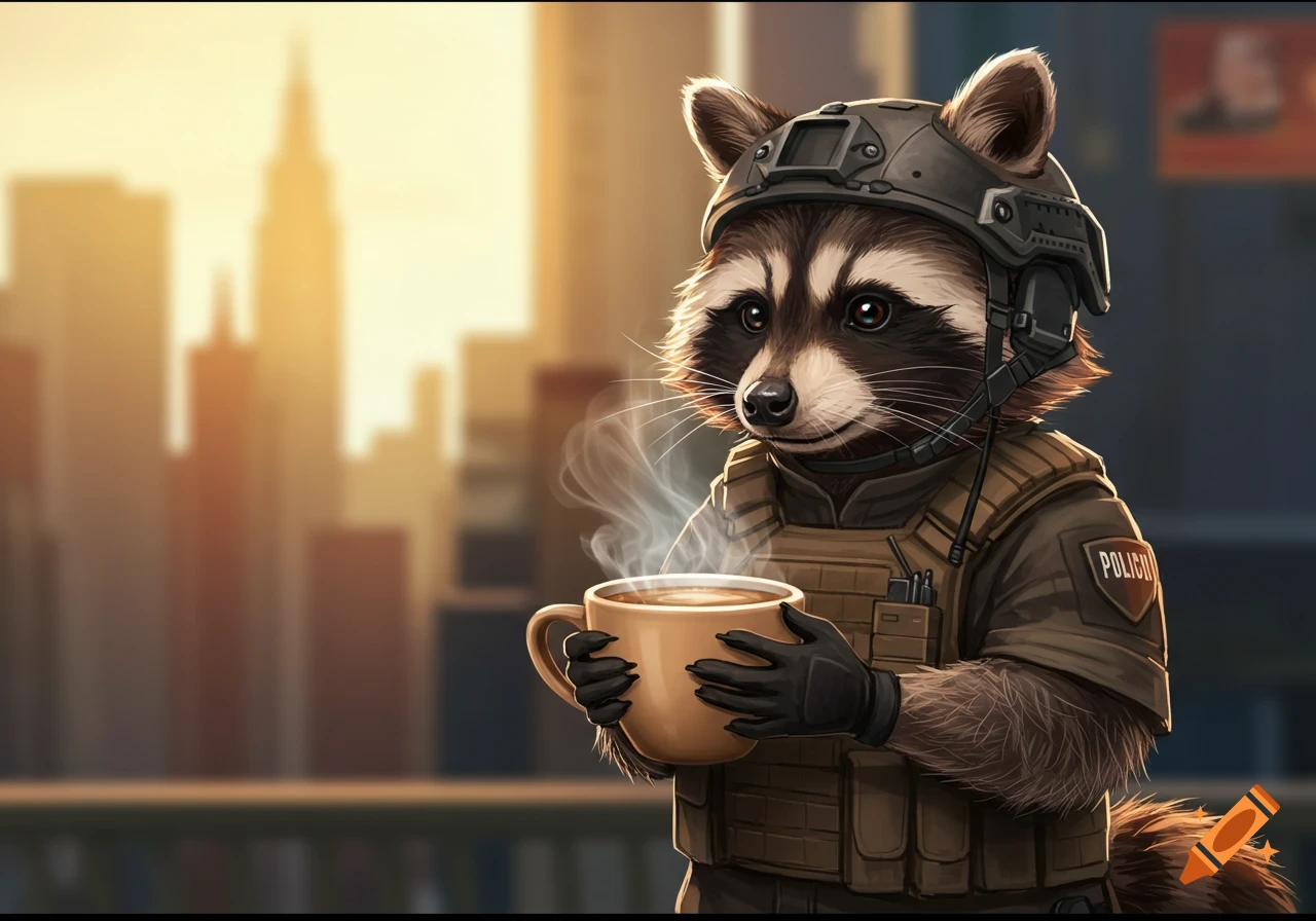 An anthropomorphic raccoon in tactical gear holds a steaming mug of coffee with a city skyline in the background.