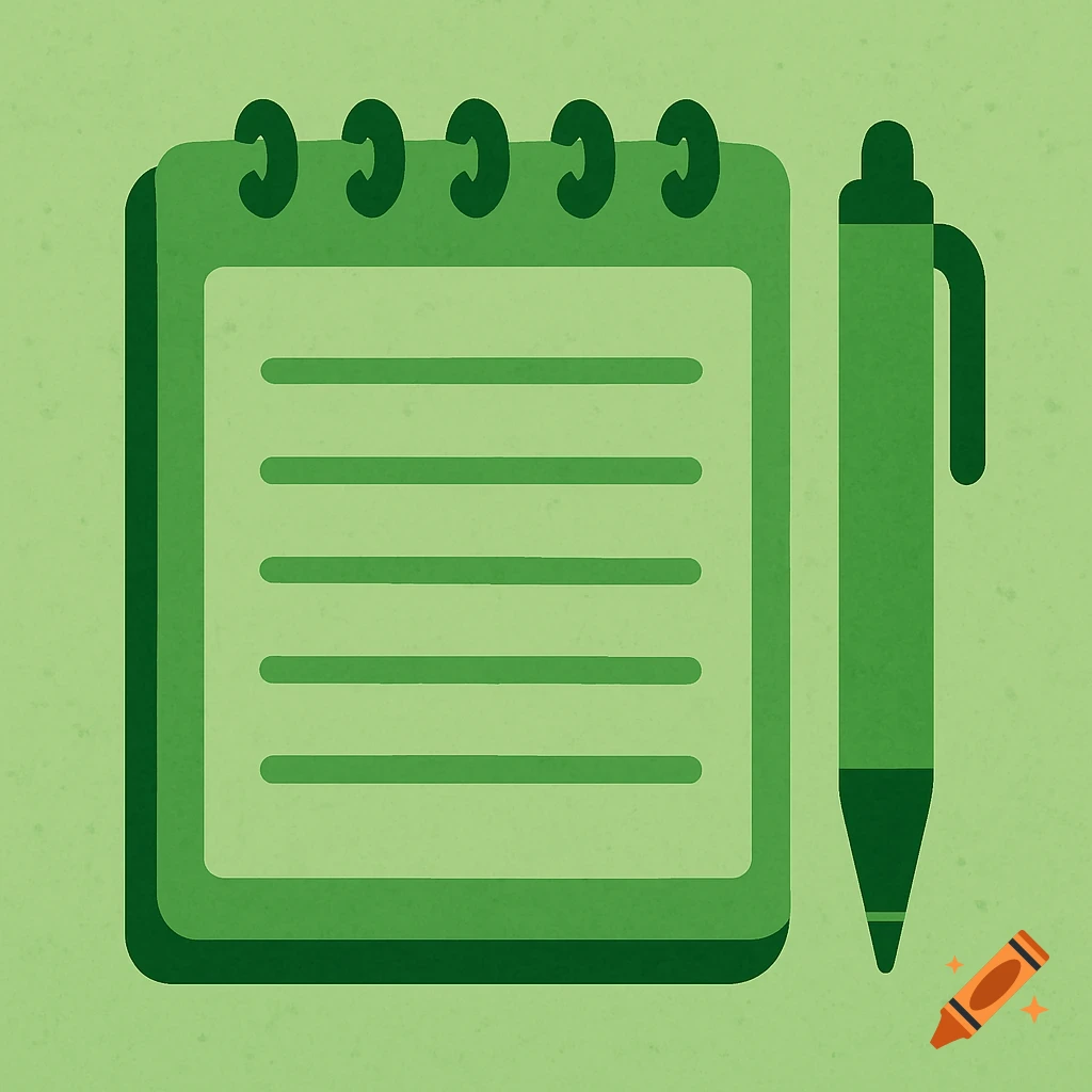 Green notepad and pen illustration in flat design style.