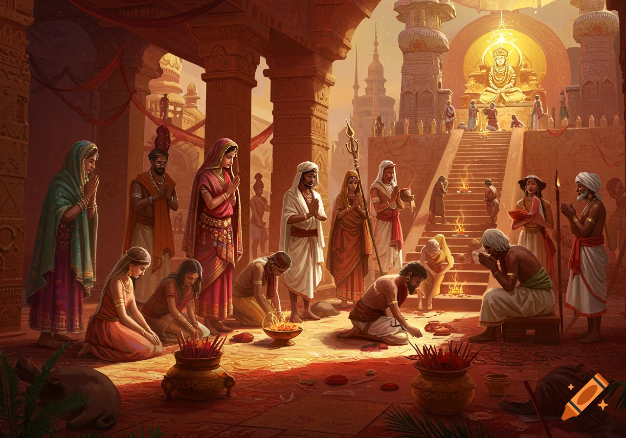 People gather for a religious ritual in a grand ancient temple, praying and offering incense before a golden deity statue.