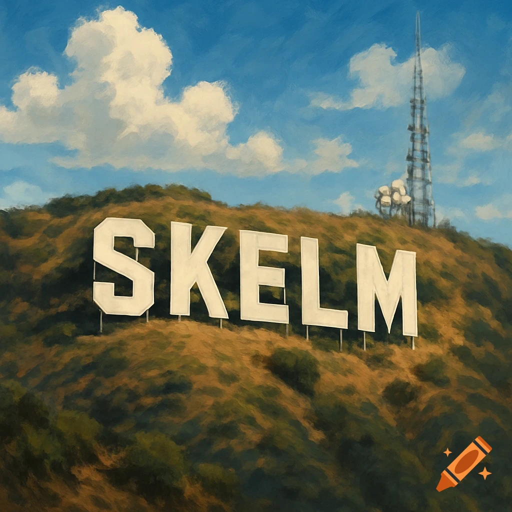 Painting of a sign similar to the Hollywood sign saying 'SKELM' on a hill under a cloudy blue sky.