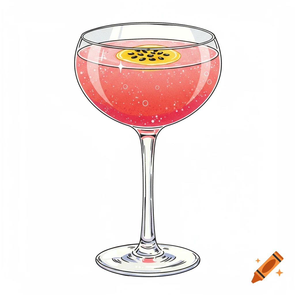 Illustration of a pink cocktail in a coupe glass with a passionfruit slice floating on top, white background.