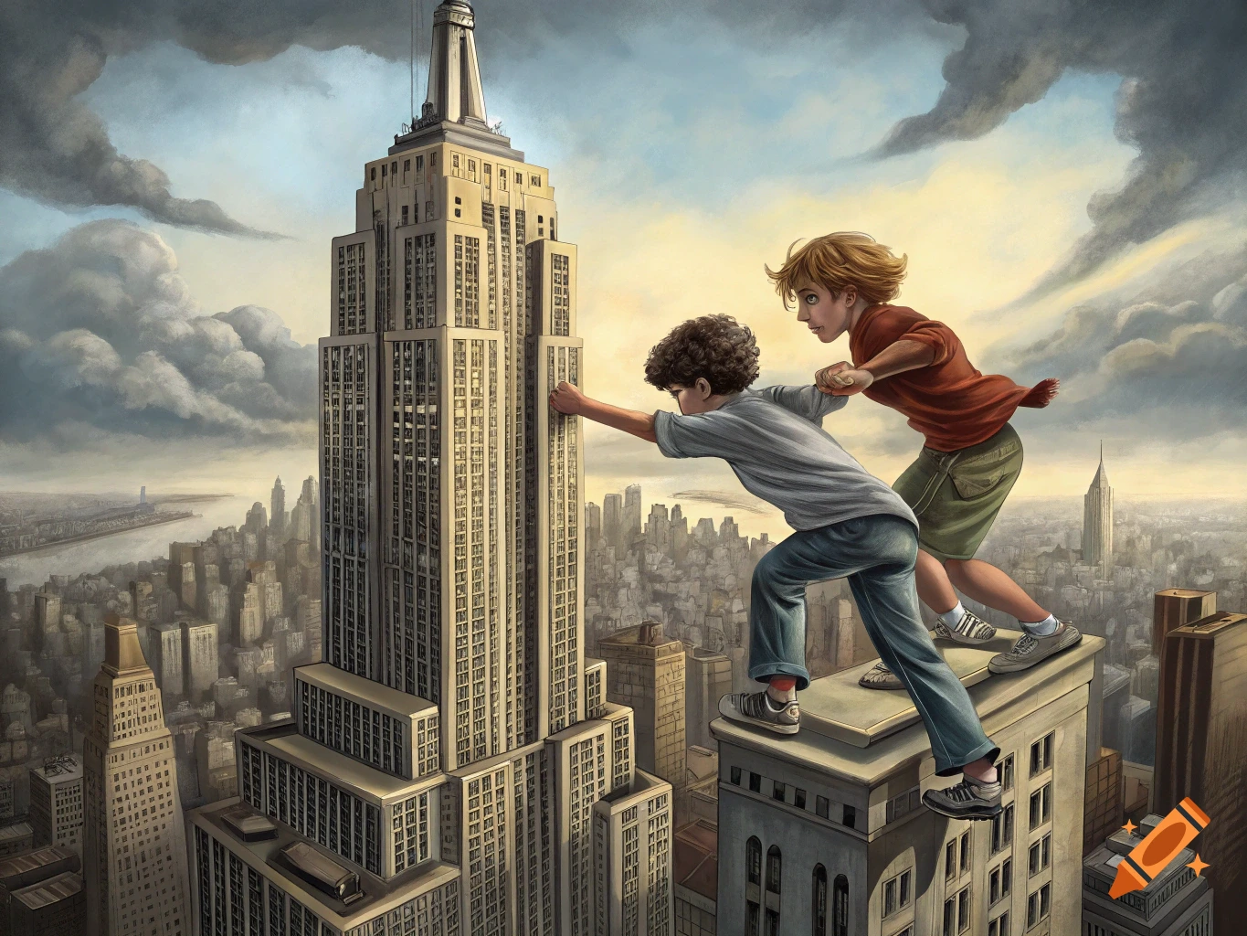 Two kids standing on top of the Empire State Building overlooking a city skyline.