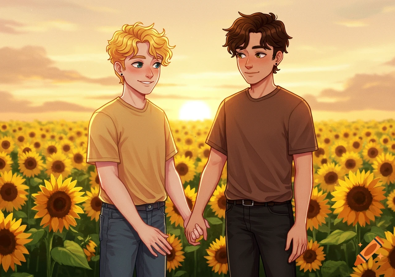 Anime illustration of two young men holding hands in a sunflower field at sunset