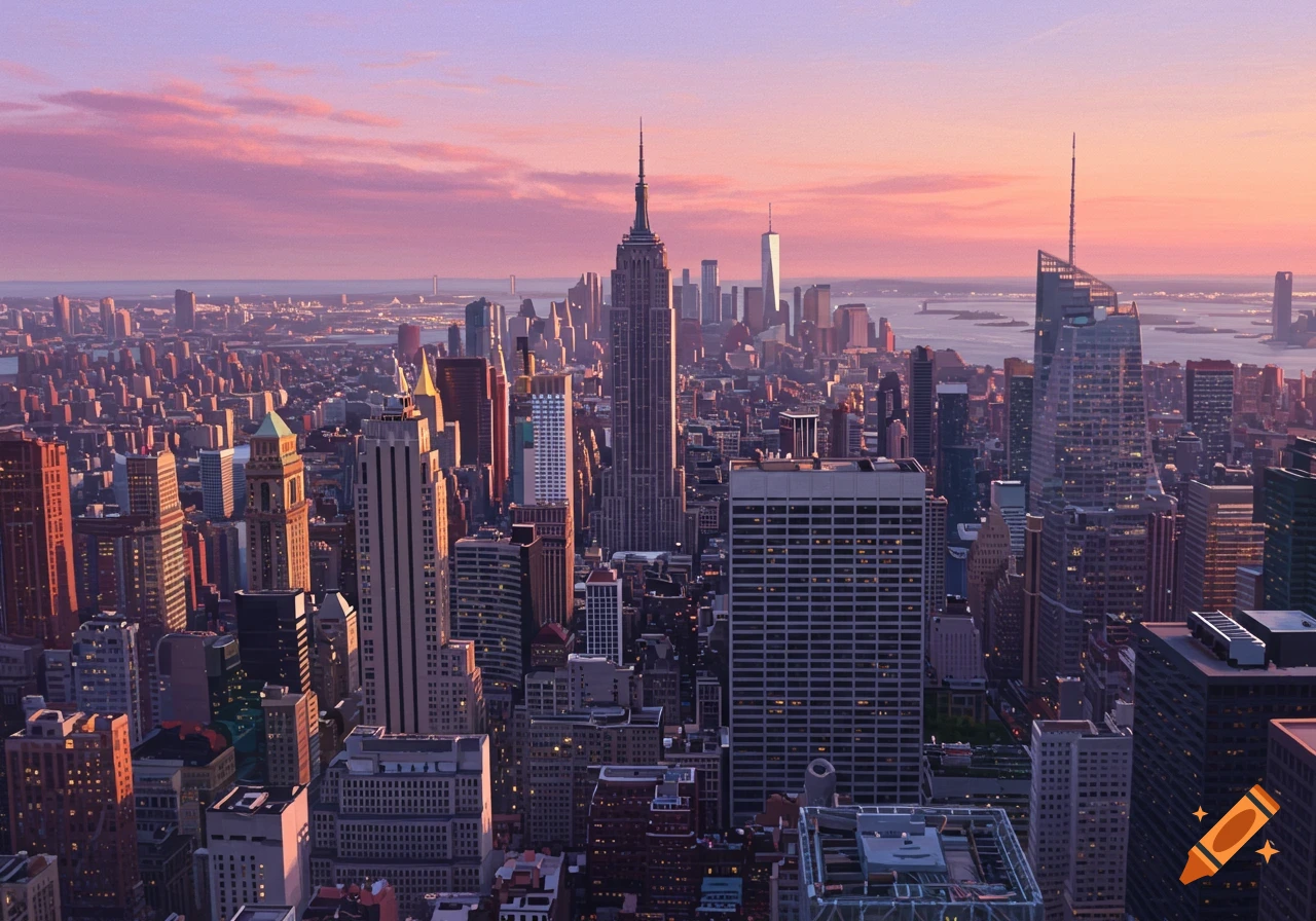 High-angle view of the New York City skyline at sunset, featuring the Empire State Building among skyscrapers with a pink and purple sky.