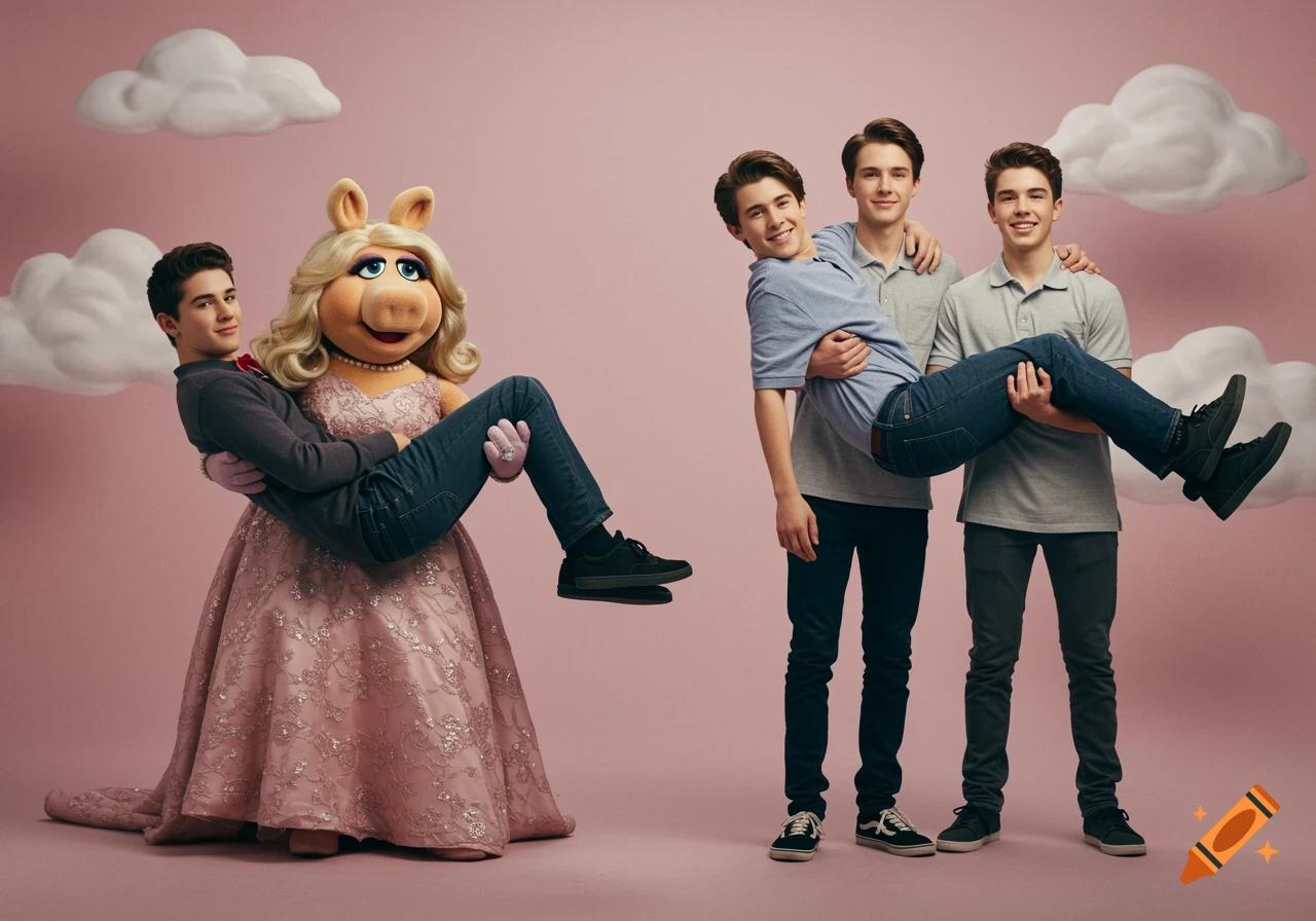 Miss Piggy holds a teenage boy while other boys hold a boy against a pink background with clouds