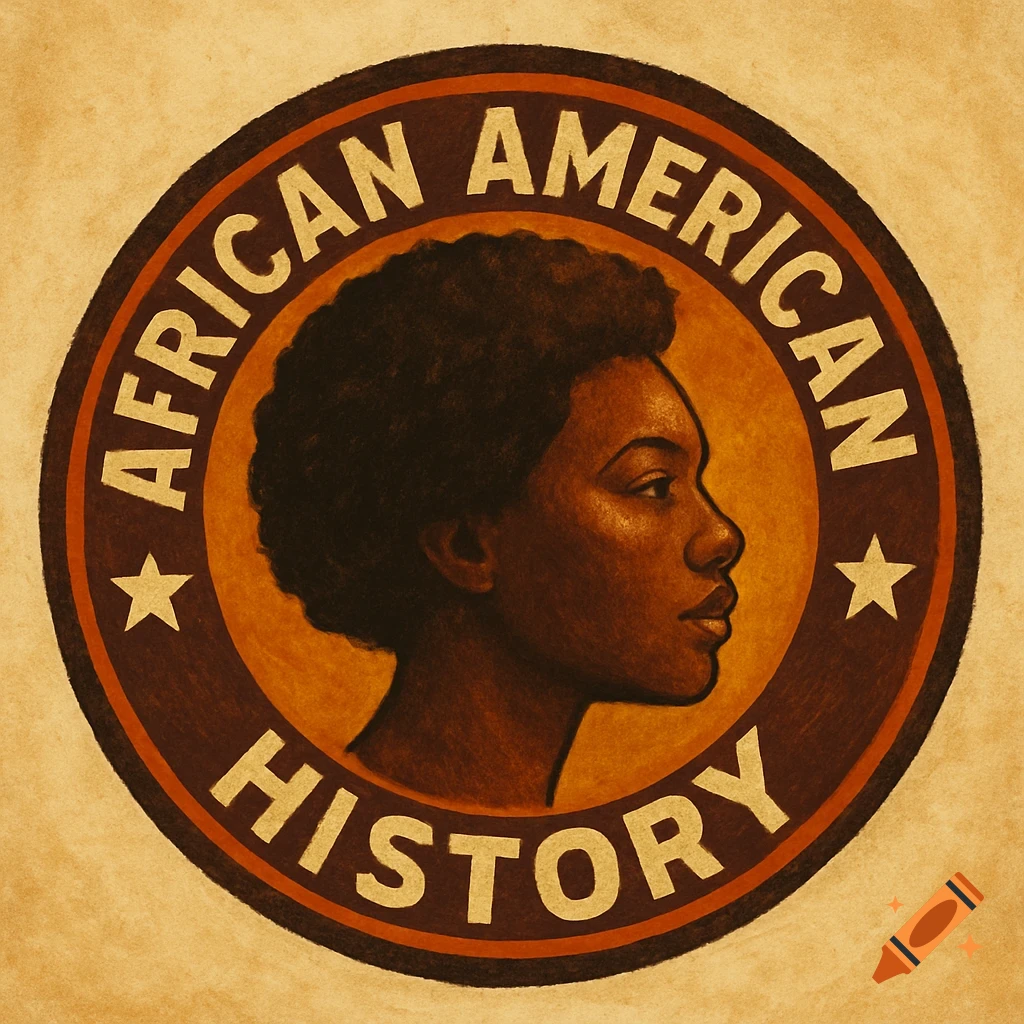 A circular badge with the text "African American History" around a profile portrait of a woman in a warm, textured art style.