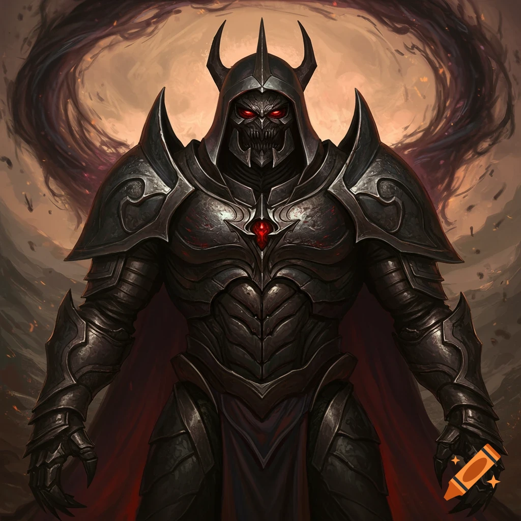 Dark fantasy character in menacing black armor with red glowing eyes on ...