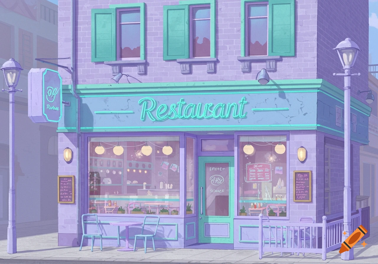 A pastel purple restaurant building with teal trim and shutters, a neon Restaurant sign, and outdoor seating.