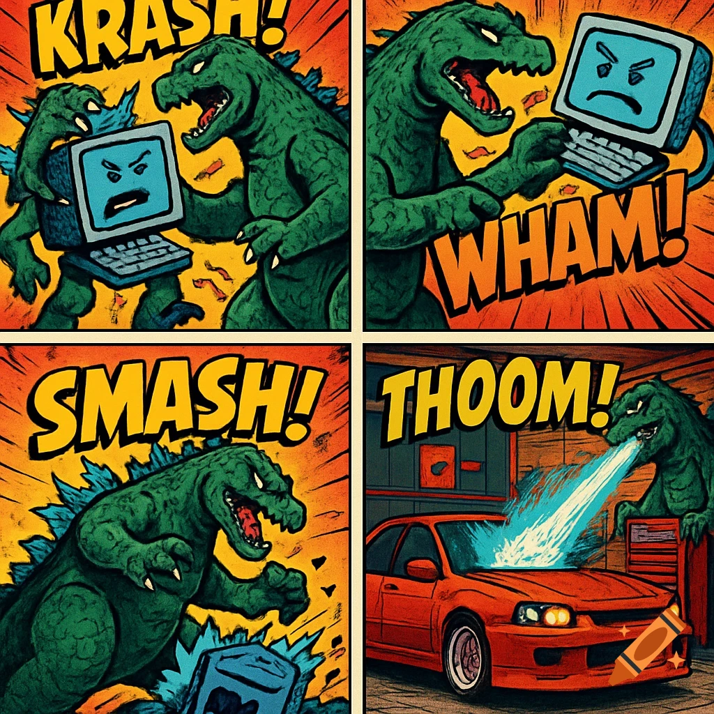 Comic book panels show Godzilla destroying a computer and car with 'Krash!', 'Wham!', 'Smash!', and 'Thoom!'