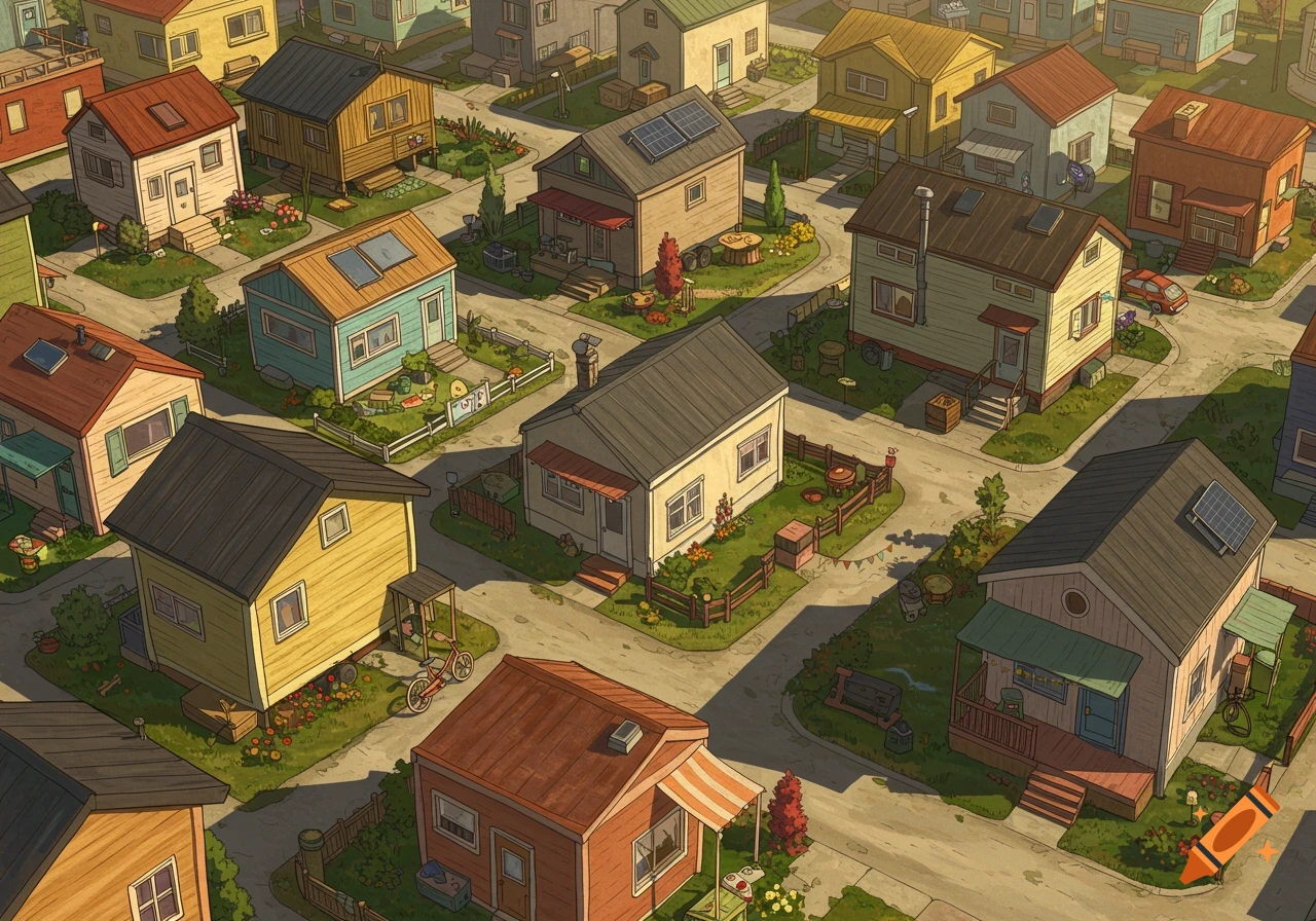 Overhead view of a stylized neighborhood with many colorful tiny houses