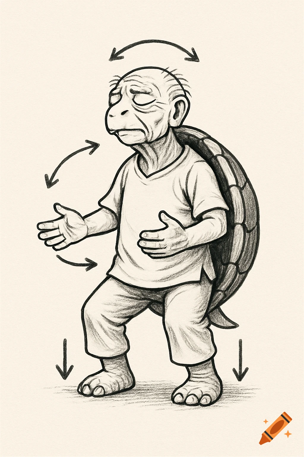 Pencil sketch of an anthropomorphic tortoise doing standing meditation with arrows indicating movement.