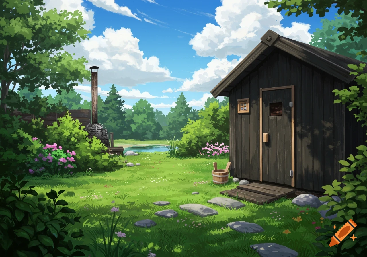 Anime style illustration of a sauna in a green backyard by a pond, surrounded by trees and flowers under a blue sky.