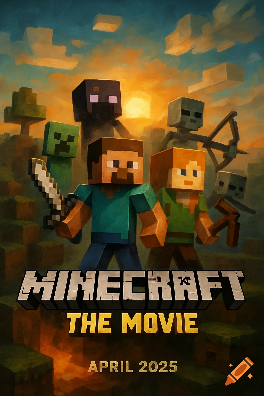 Minecraft characters on a movie poster with text 'Minecraft The Movie April 2025' in a painted style.