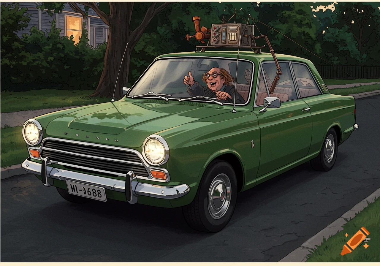 Illustration of a man giving a thumbs up while driving a green classic car with a device on the roof.