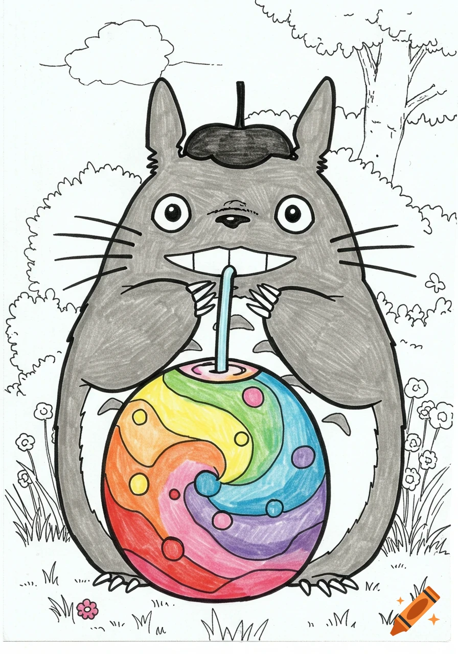 Totoro drinking from a colorful ball in a coloring page style drawing