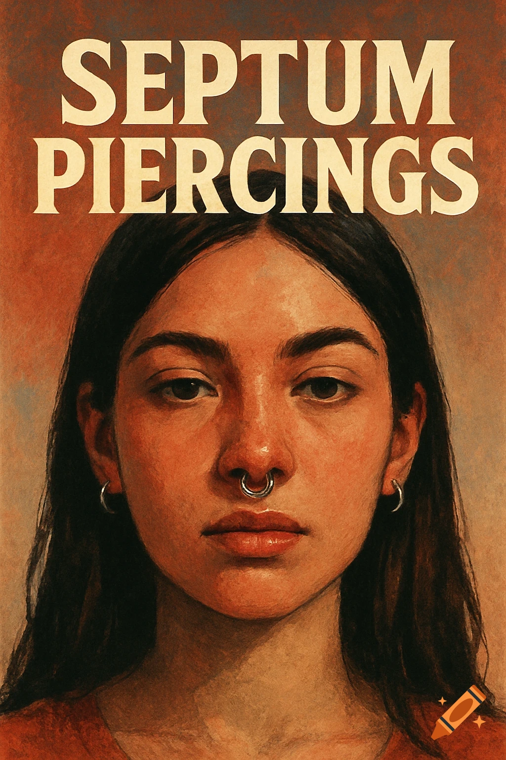 Close-up portrait of a woman with septum and ear piercings and text 'SEPTUM PIERCINGS' above, in a painterly style.