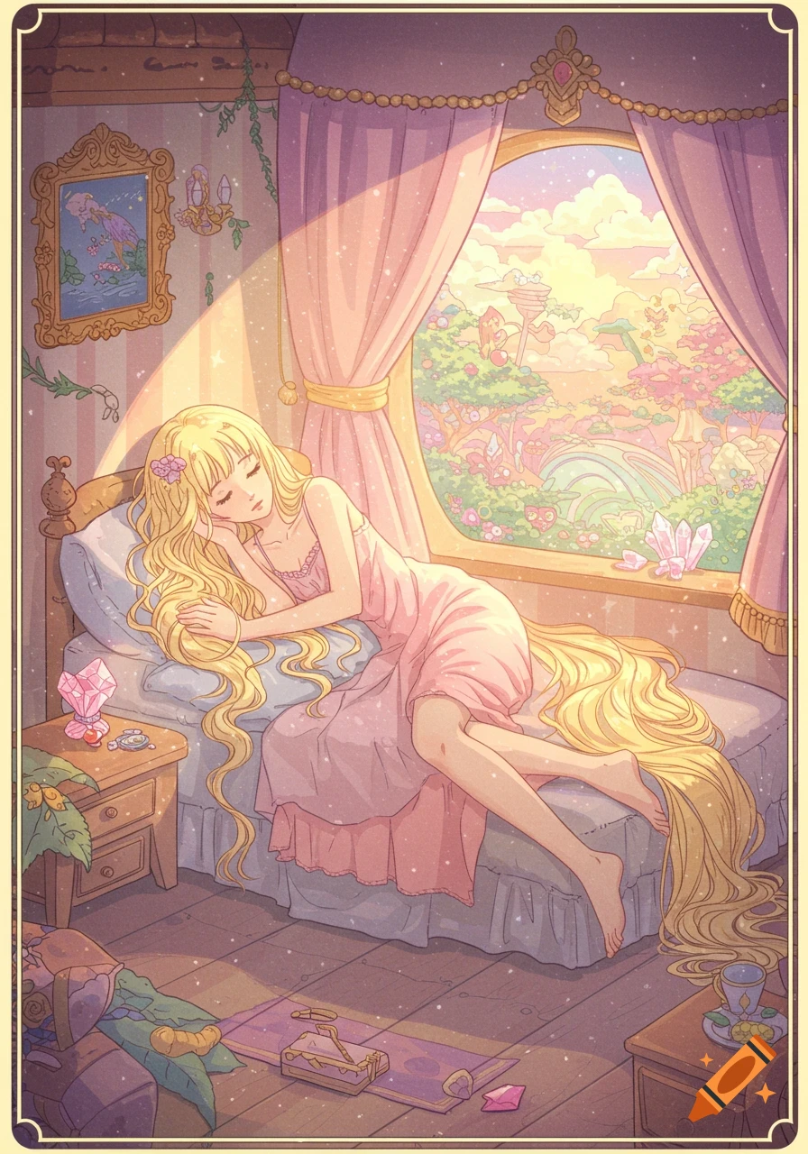 Anime girl with long blonde hair sleeping in a pink dress in a fantasy room with a large window overlooking a magical landscape