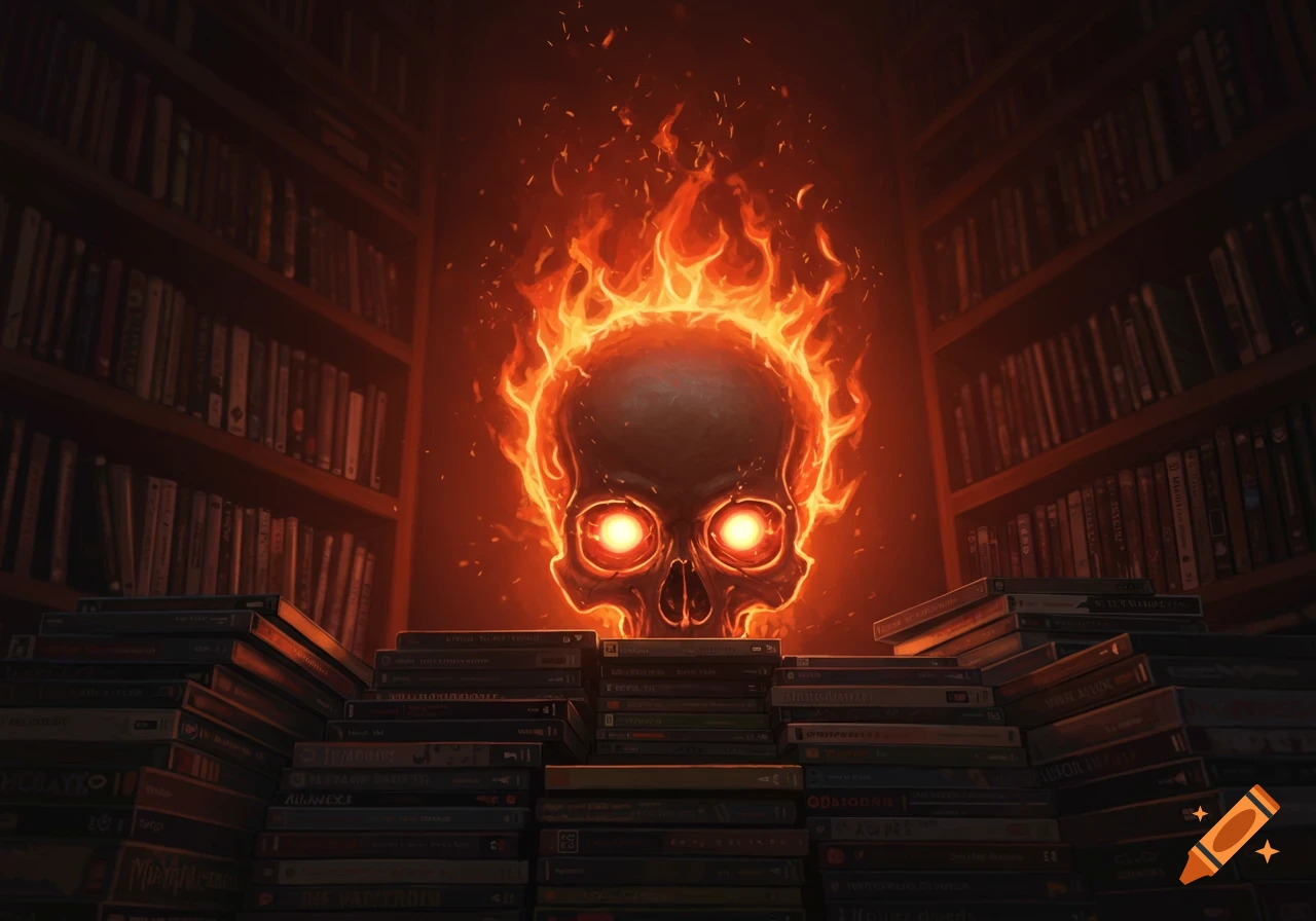 A flaming skull with glowing eyes hovers over stacks of books or DVDs in a dark library setting.