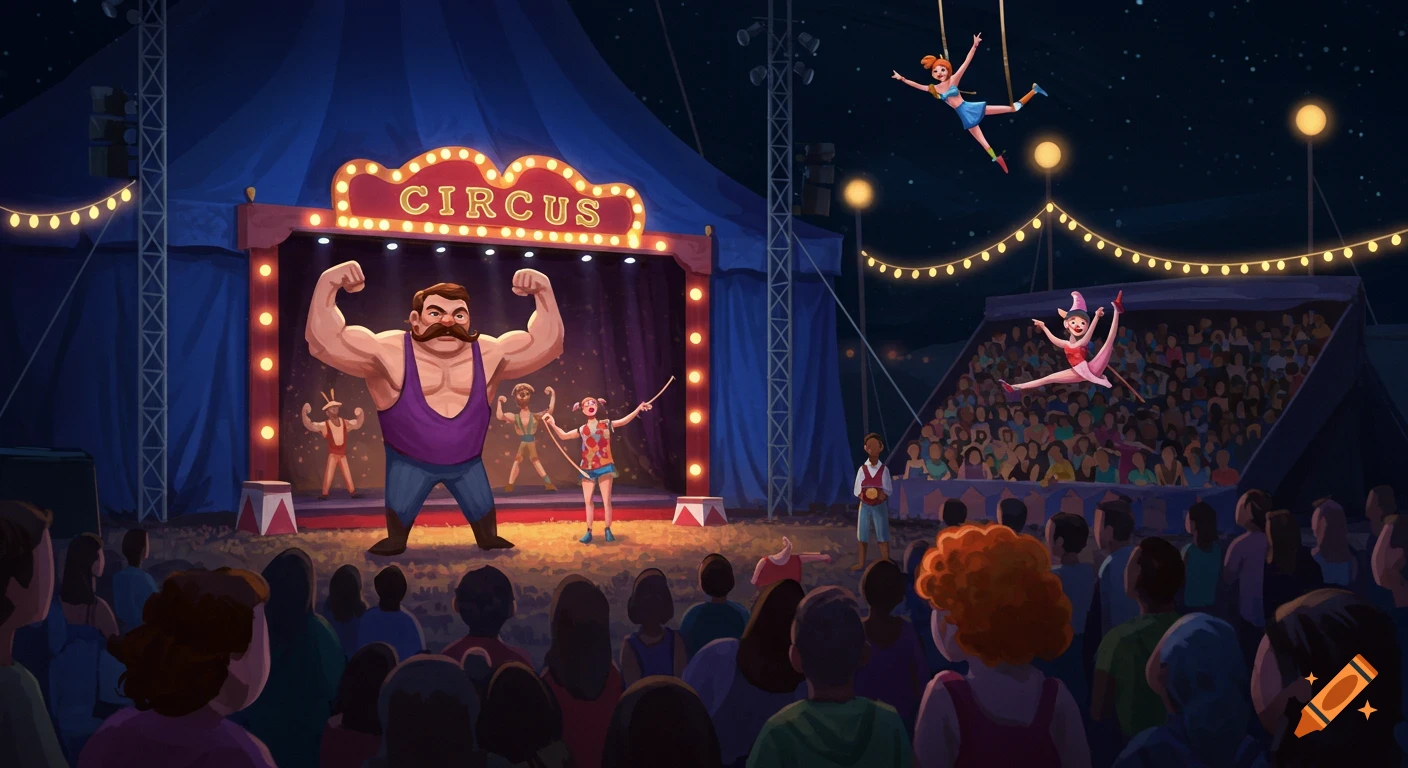 A stylized illustration of a circus performance at night with a strongman, trapeze artists, and an audience watching.