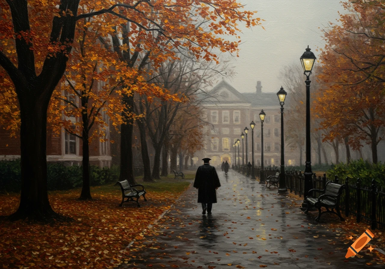 An oil painting of a person walking on a wet path through an autumn park with fallen leaves, lampposts, and a building in the background.