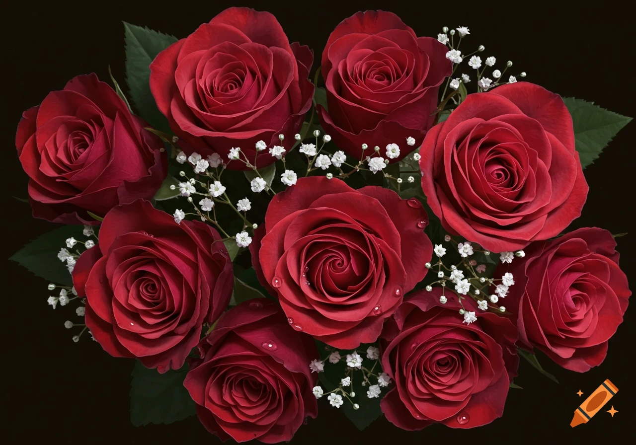A realistic close-up of red roses and white baby's breath with dew drops on a dark background.