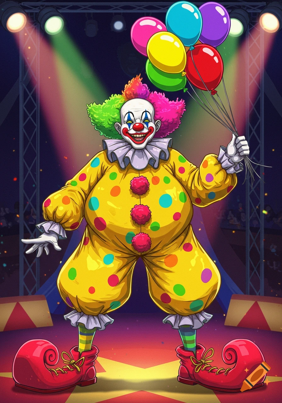 A cheerful clown in a yellow polka-dot suit holds a bunch of balloons on a circus stage.